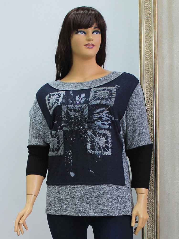 Блуза женская из меланжевого трикотажа с аппликацией большого размера. Магазин «Пышная Дама», Харьков.