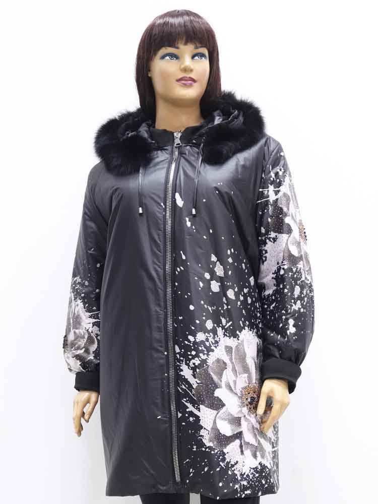 Куртка зимняя женская с меховой отделкой и декоративным принтом большого размера. Магазин «Пышная Дама», Харьков.