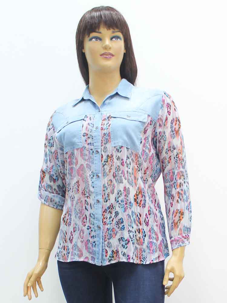Сорочка (рубашка) женская из шифона с джинсовой отделкой большого размера, 2020. Магазин «Пышная Дама», Харьков.