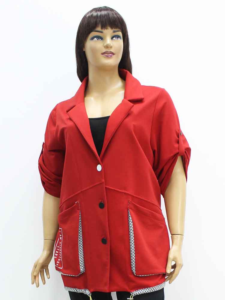 Пиджак женский трикотажный комбинированный с декоративным принтом большого размера, 2021. Магазин «Пышная Дама», Харьков.