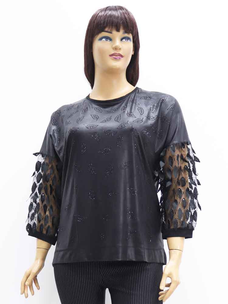 Блуза женская из ткани диско с аппликацией большого размера, 2021. Магазин «Пышная Дама», Харьков.