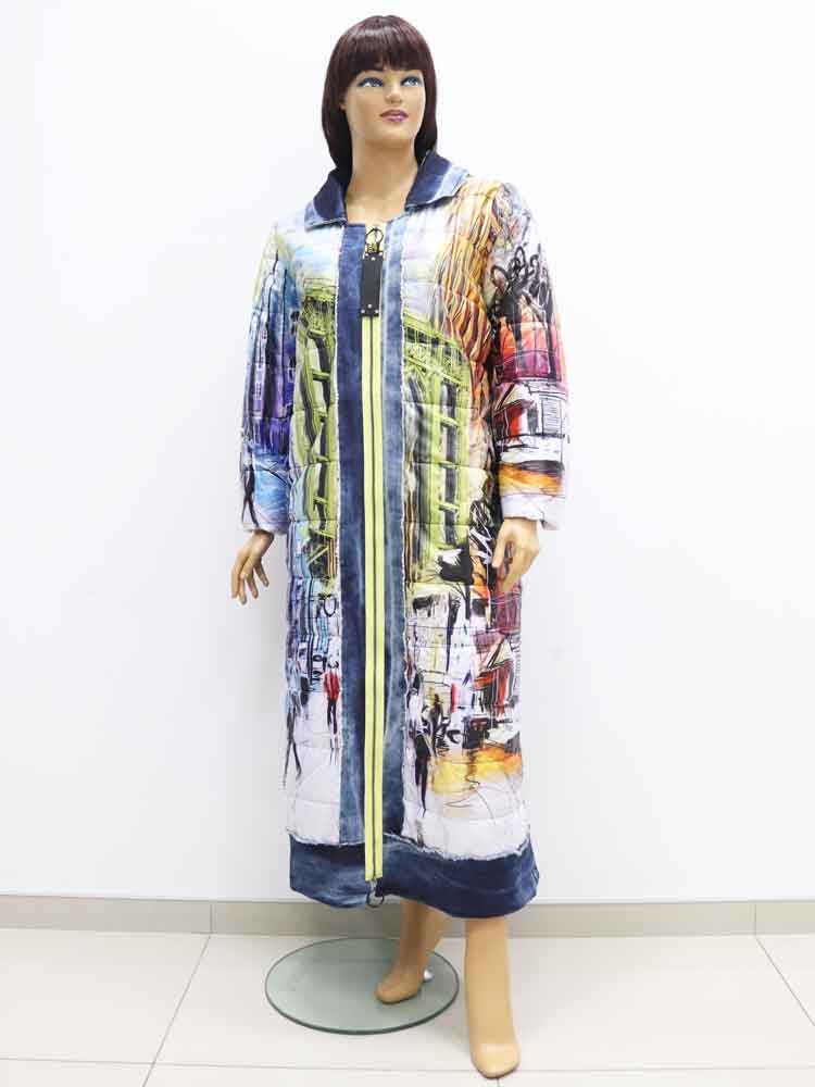Пальто женское демисезонное комбинированное с декоративным принтом большого размера. Магазин «Пышная Дама», Харьков.